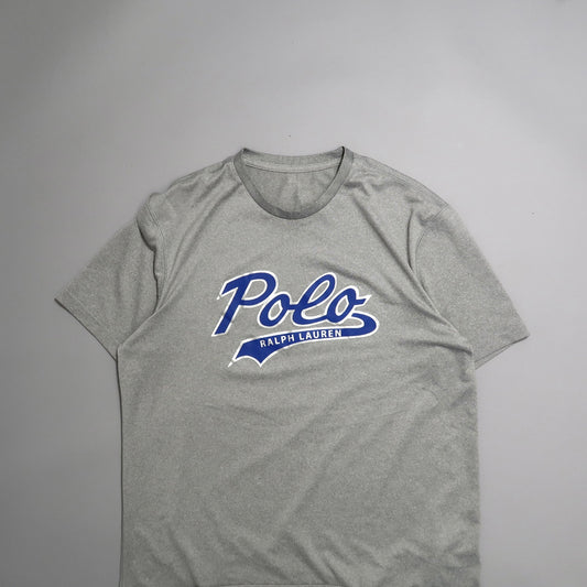 Gray T-shirt with blue nullPolo Ralph Laurennull logo on front.