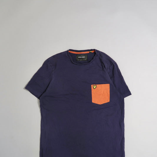 Navy t-shirt with orange pocket and yellow emblem.