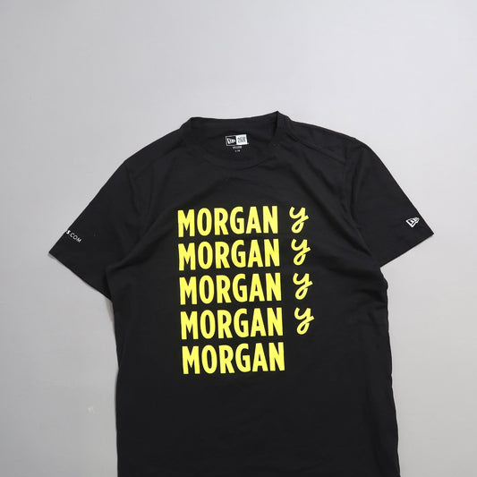 Black T-shirt with nullMORGANnull printed in yellow, repeated five times.