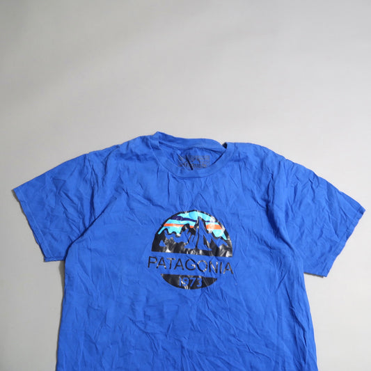 Blue Patagonia T-shirt with mountain logo design.