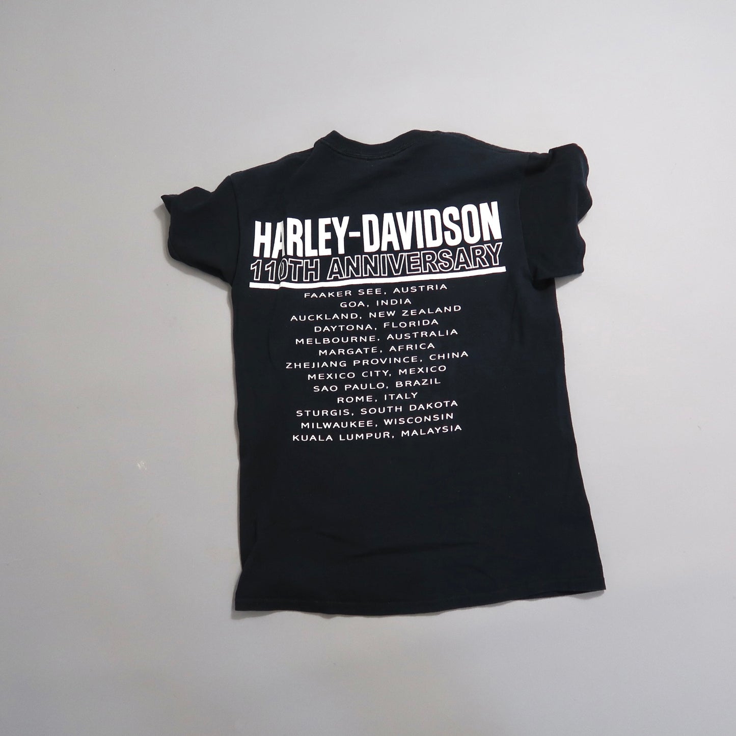 Black Harley-Davidson 110th Anniversary T-shirt with city list.
