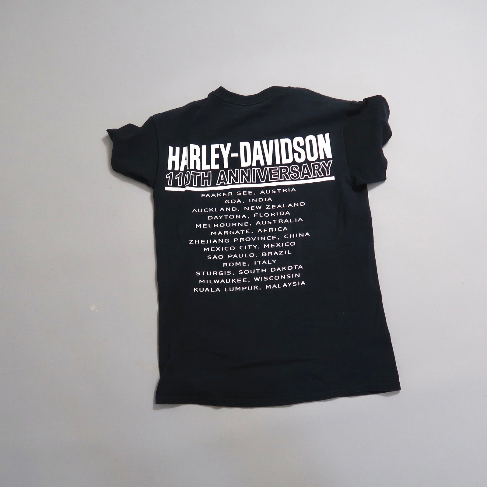 Black Harley-Davidson 110th Anniversary T-shirt with city list.