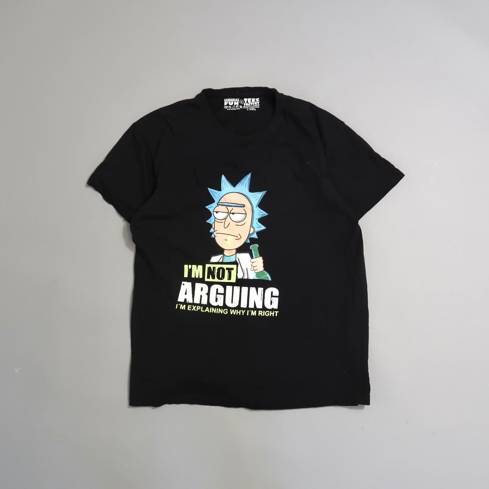 Black T-shirt with cartoon character and text: nullI'm Not Arguing.null