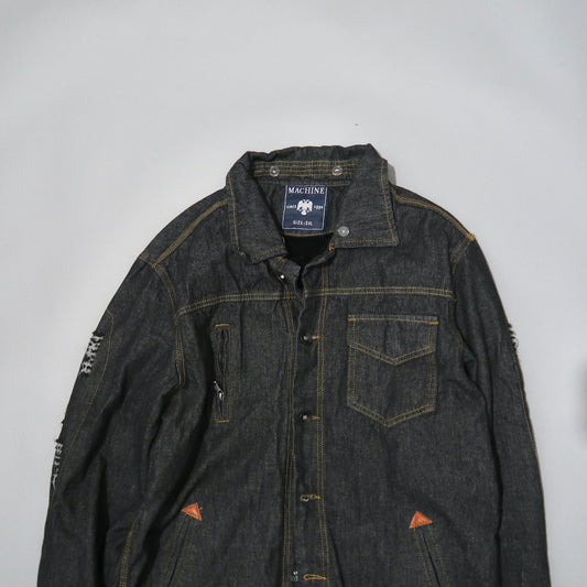 Dark denim jacket with front pockets and visible stitching.