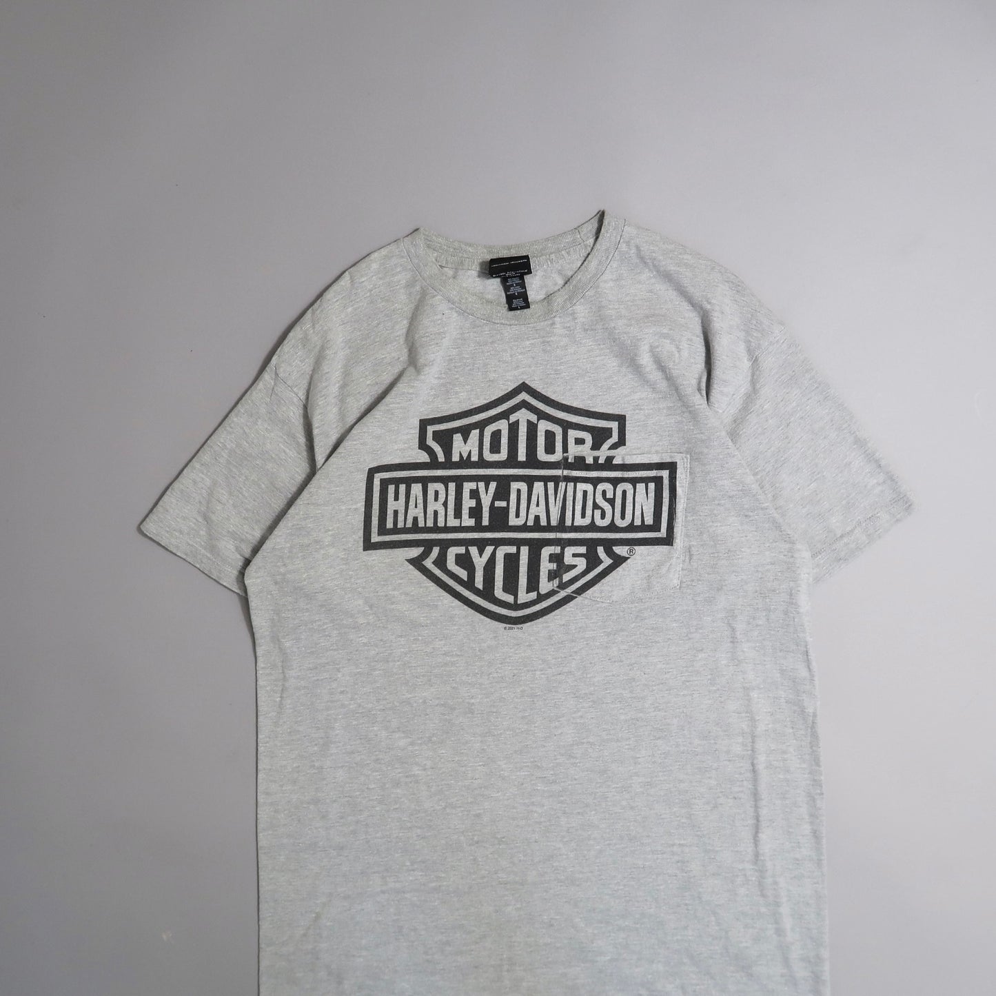 Gray T-shirt with Harley-Davidson logo printed on the front.