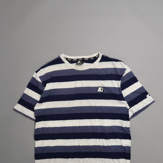 Blue and white striped T-shirt with a logo on the chest.