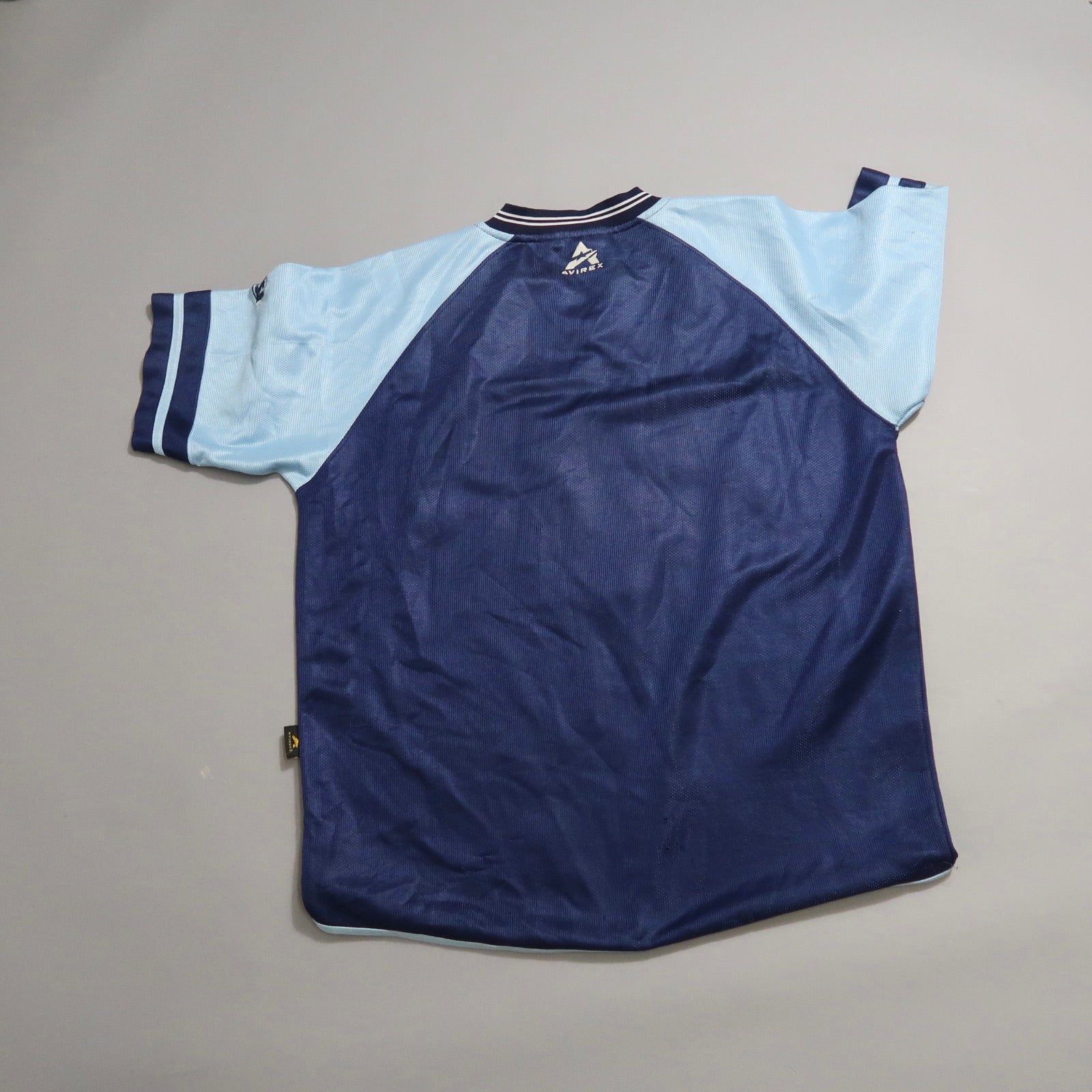 Back view of a blue and light blue sports jersey.