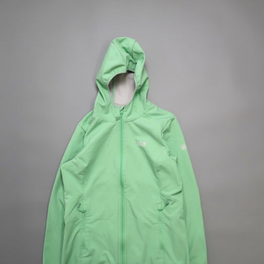 Light green hooded jacket on a gray background.