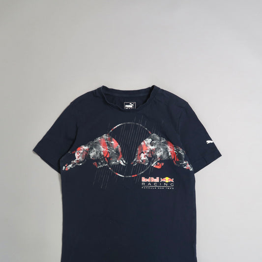 Navy T-shirt with Red Bull Racing and bull graphic design.