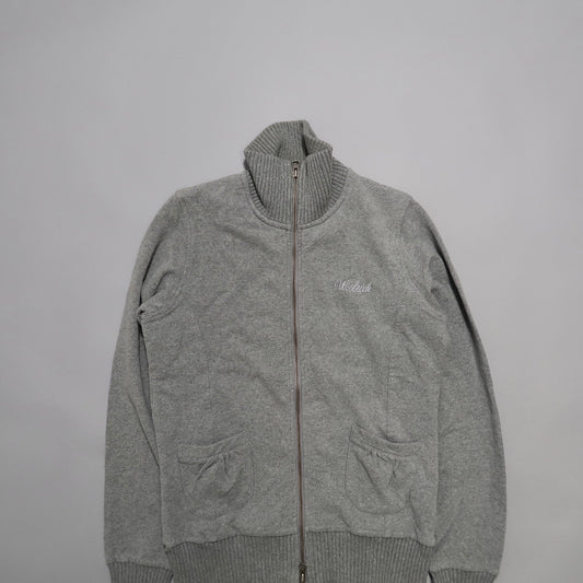 Gray zip-up sweater with ribbed collar and pockets.