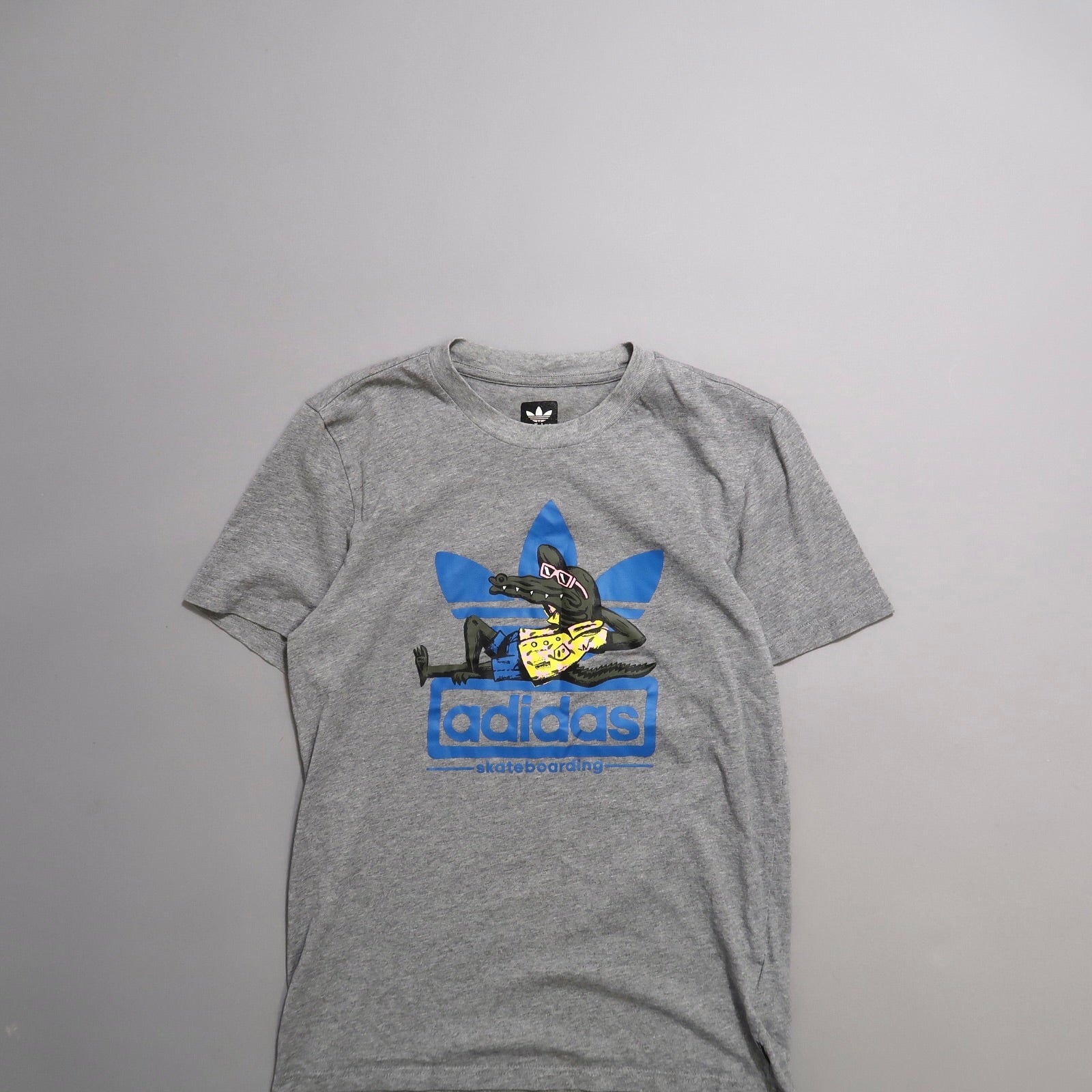 Gray T-shirt with blue Adidas logo and cartoon graphic.