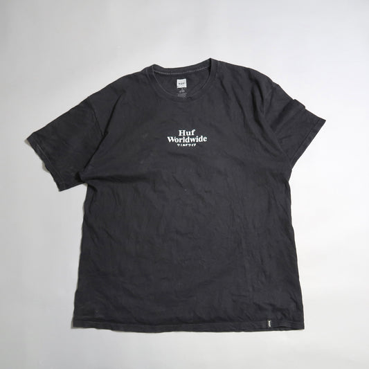 Black T-shirt with nullHuf Worldwidenull text on a plain background.