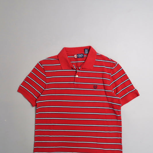 Red and white striped polo shirt on a plain background.