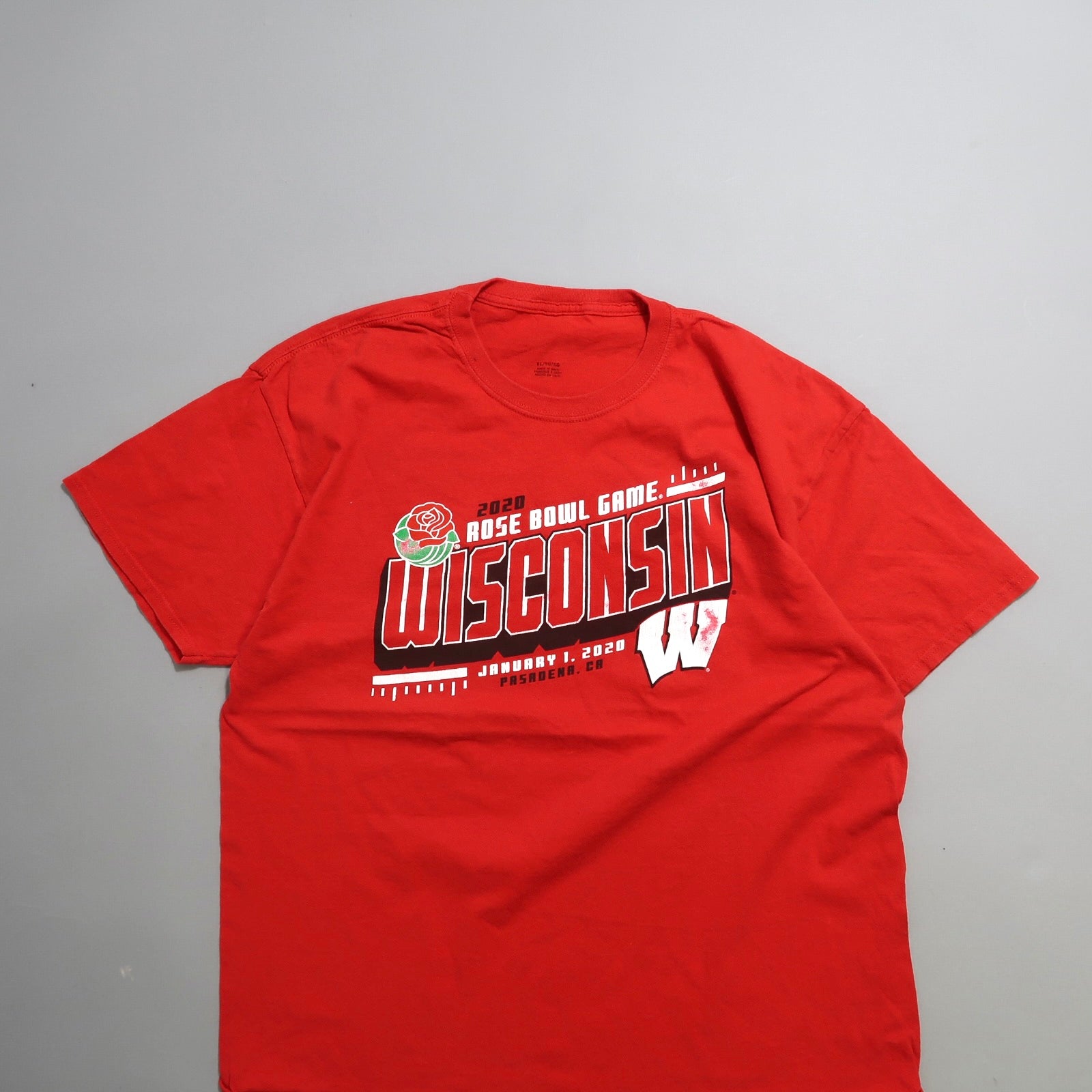 Red Wisconsin Rose Bowl 2020 T-shirt on gray background.