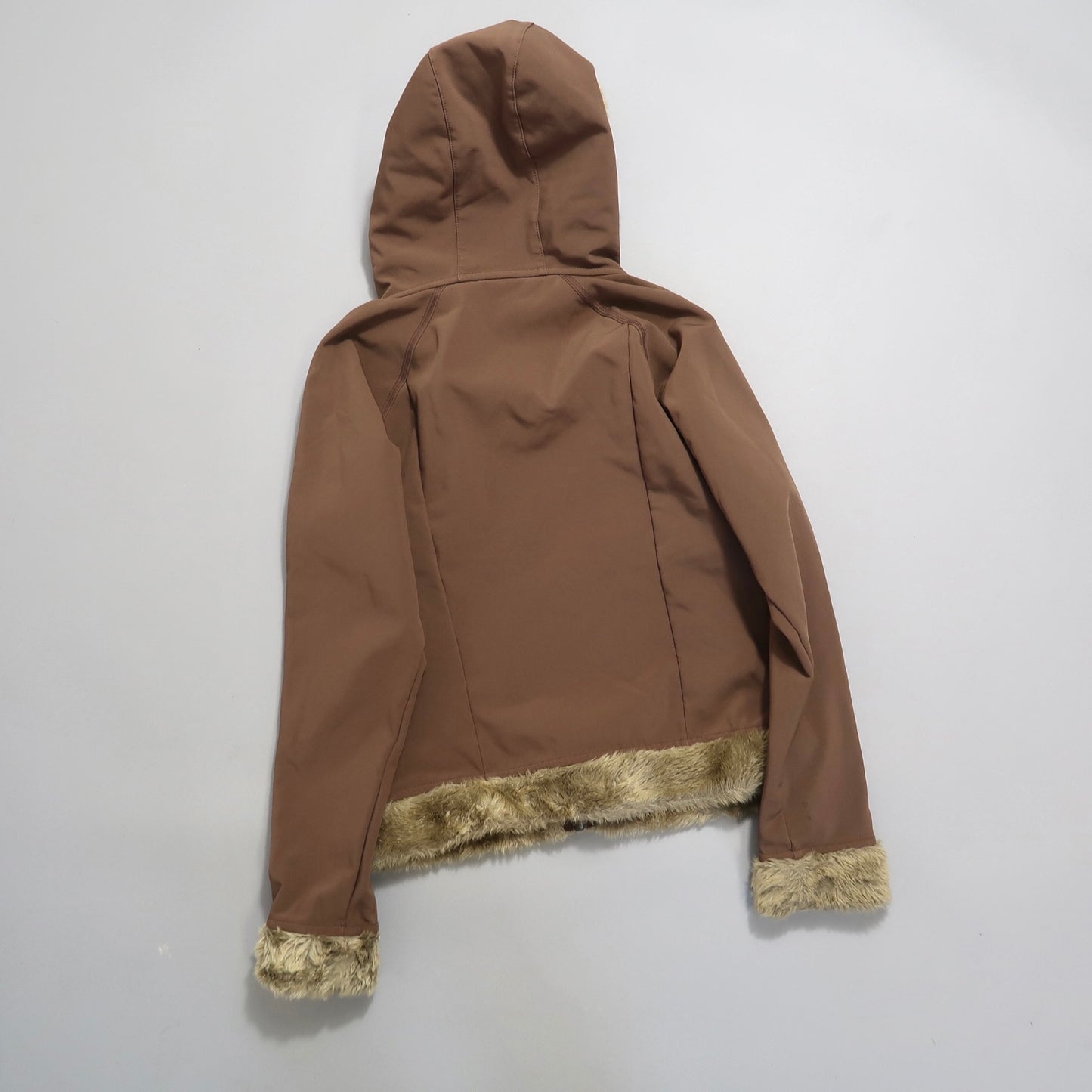 Brown hooded jacket with fur trim on cuffs and hem, laid flat.